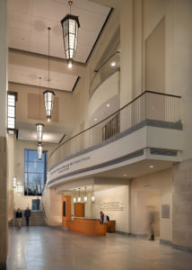 A view of the soaring three story grand foyer of the UGA Special Collections Library in Athens, GA