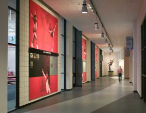 An interior view of the hallway at the Stegeman Athletic Practice Facility at UGA