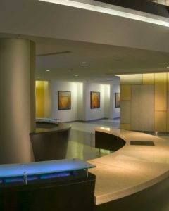 A calm and moody image of the lobby at the Virginia Hospital Center in Arlington, VA
