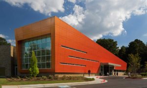 An image of the dramatic exterior architectural styling of the Wolf Creek Library in Atlanta, Georgia