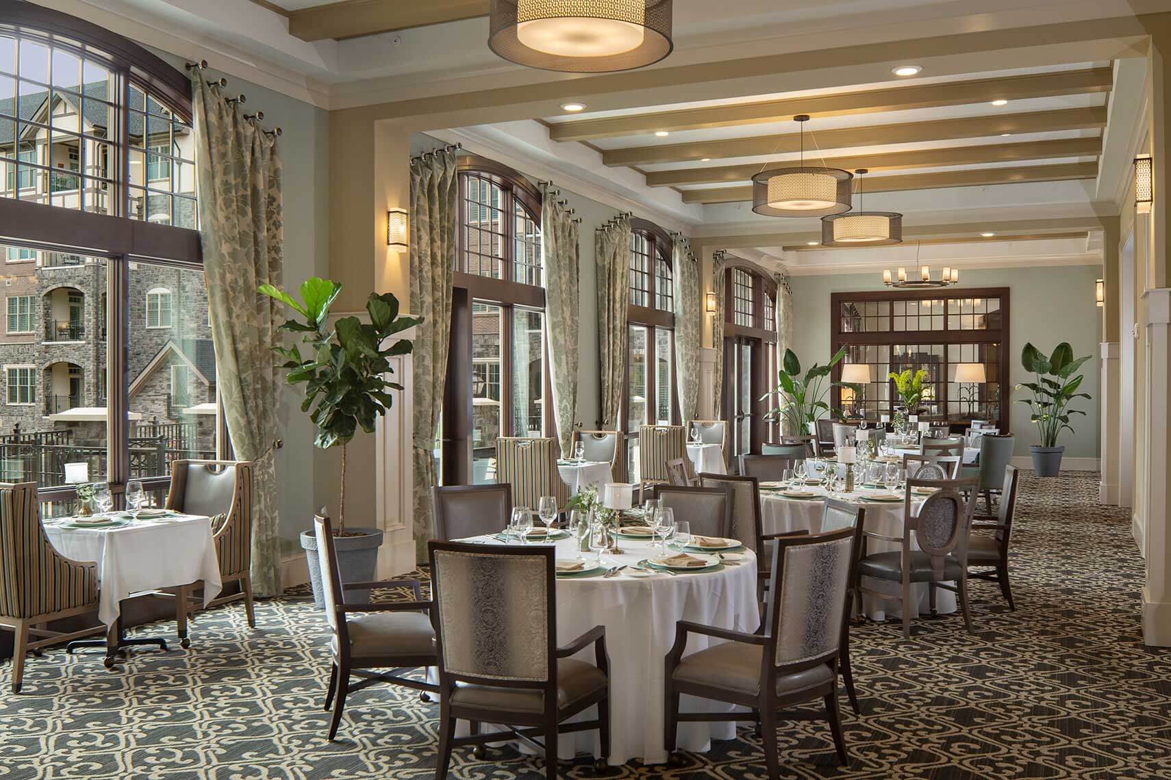 A daytime photograph of the formal dining room at Peachtree Hills Place