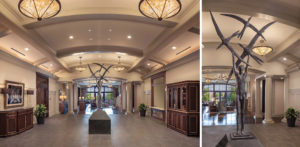 An overall and a detail photograph of the grand lobby at Peachtree Hills Place