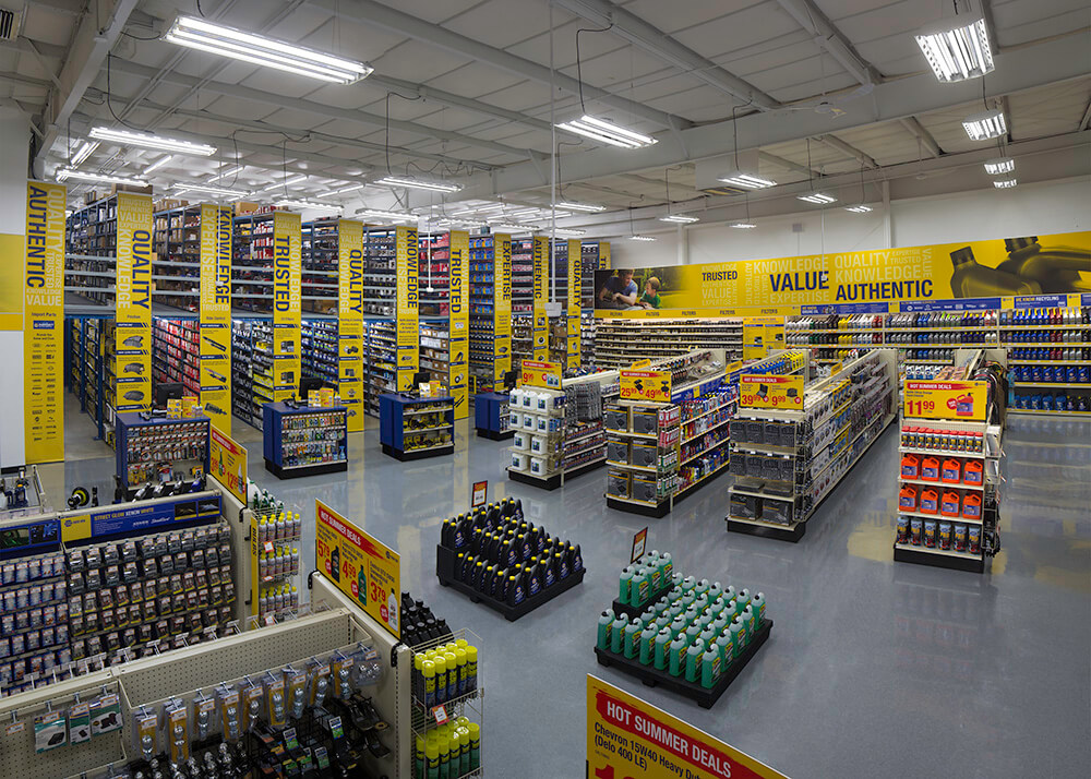 An interior elevated view of the neat and ordered NAPA Auto Parts store in Marietta, Georgia