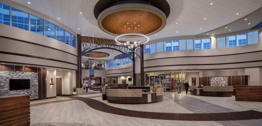 An expansive photo of the impressive lobby at the North Alabama Medical Center in Florence, Alabama