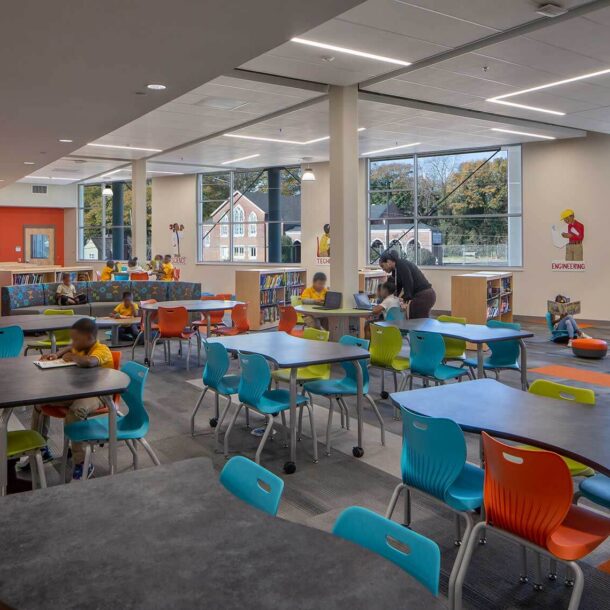 A view of the colorful Media Center at the Tuskegee Academy Global Academy