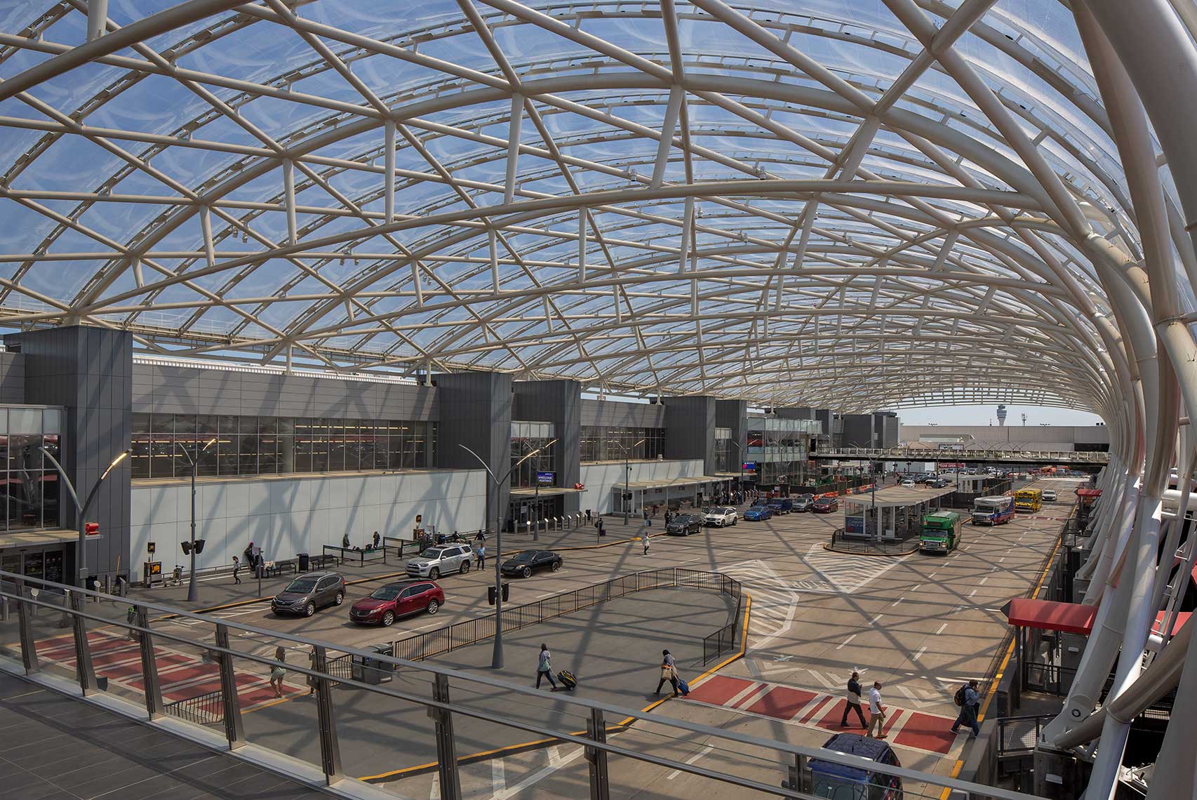An image of the canopies covering the passenger dropoff area from the pedestrian bridge at Hartsfield