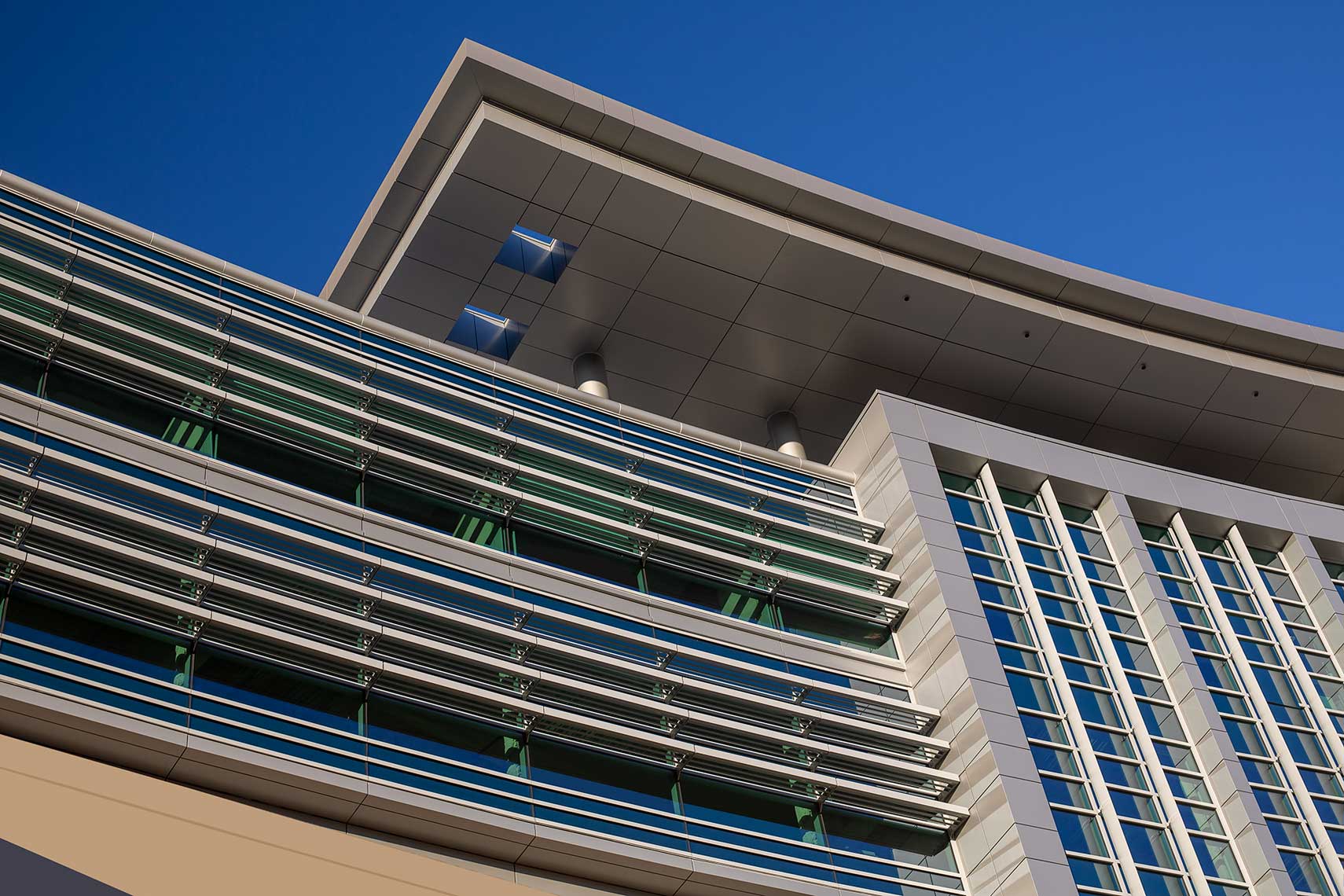 A bold detail of the architectural elements at Emory Johns Creek Hospital