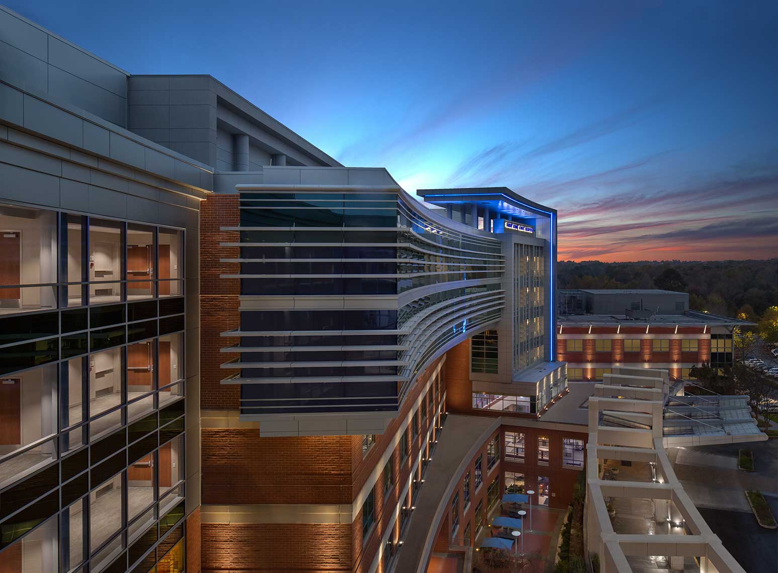 A stunning elevated twilight view of the vertical expansion at Emory Johns Creek Hospital