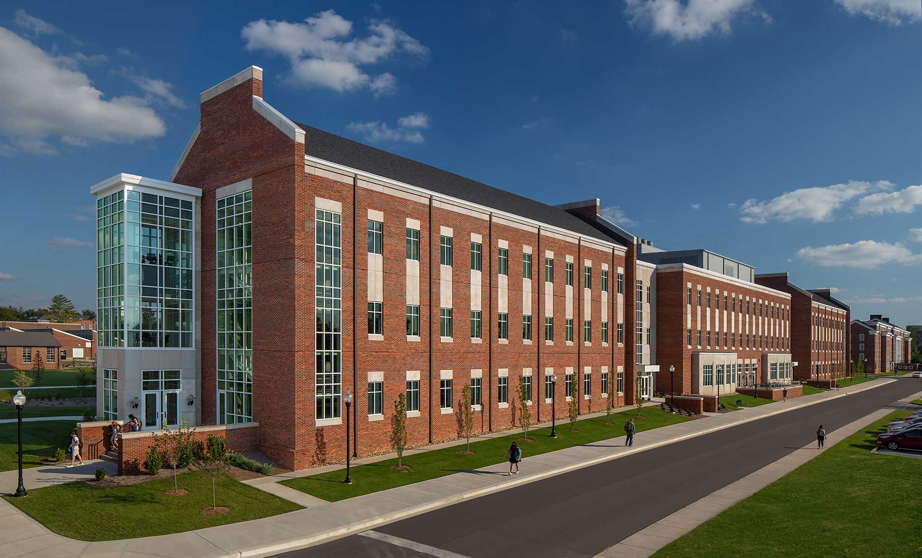 An elevated view of the stately west facade of the TN Tech Lab Science Building