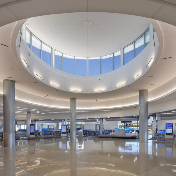 A view of the open and airy oculus at the center of the Concourse T North Expansion at HJAIA