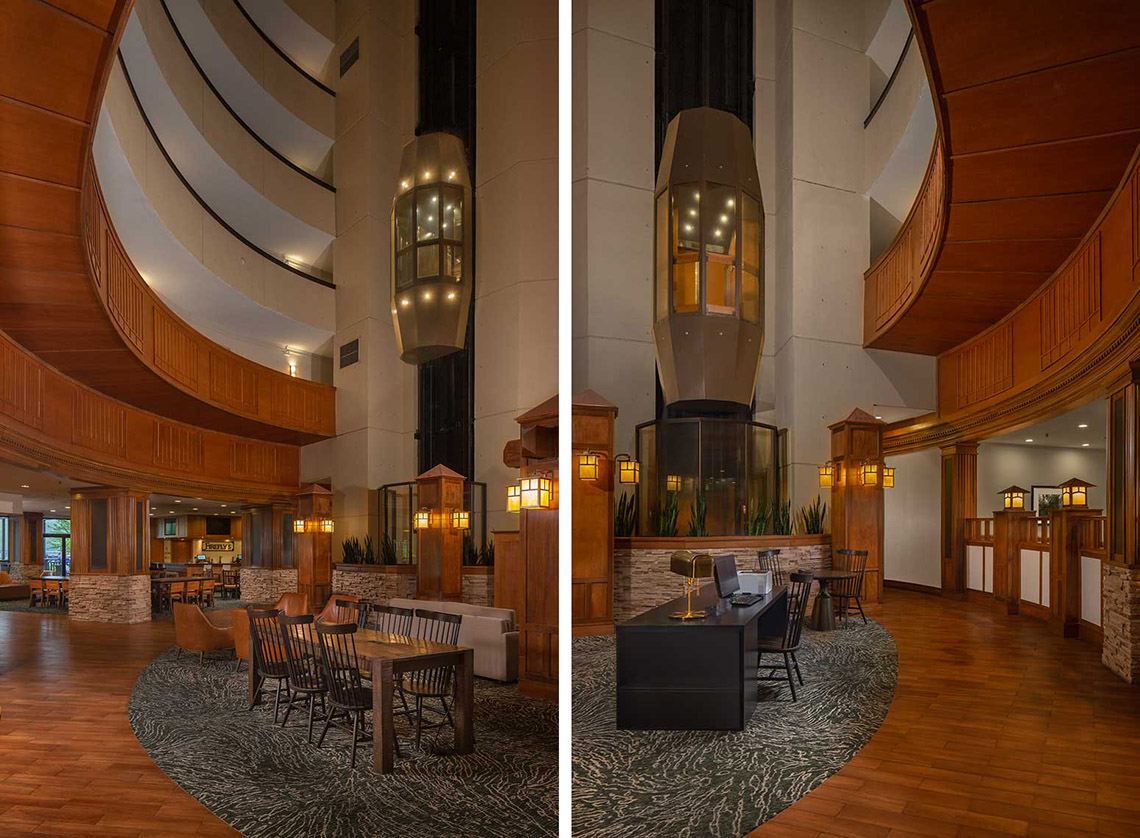 Two views of the rustic and elegant Park Vista Doubletree Hotel