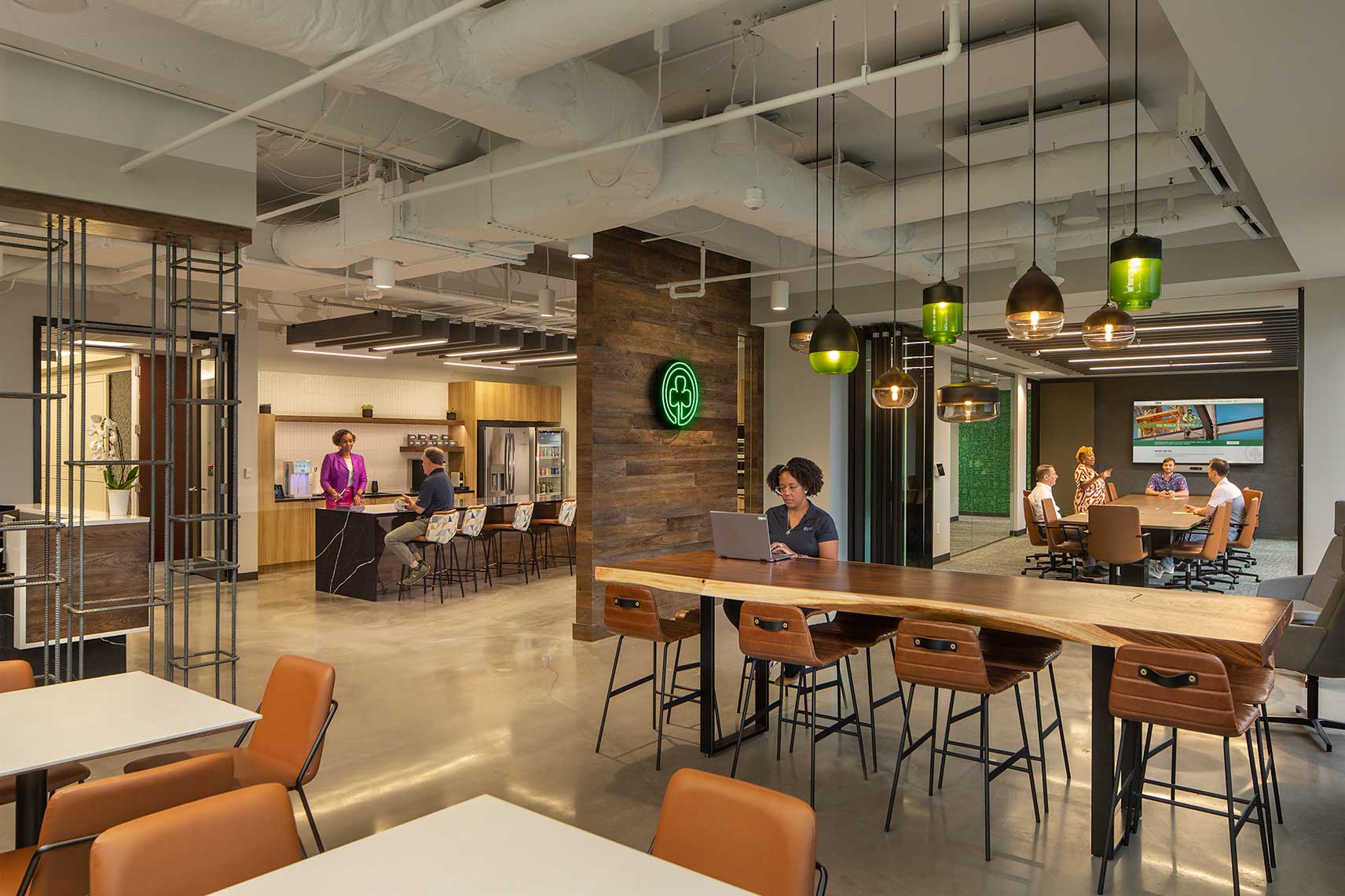 An expansive, open view of the Ryan Companies' Atlanta Office, with people collaborating and working