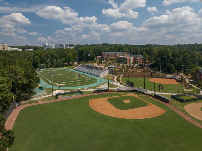 This drone view of the Westminster School athletic fields on a beautiful summer day shows the relationship between the fields and the academic campus