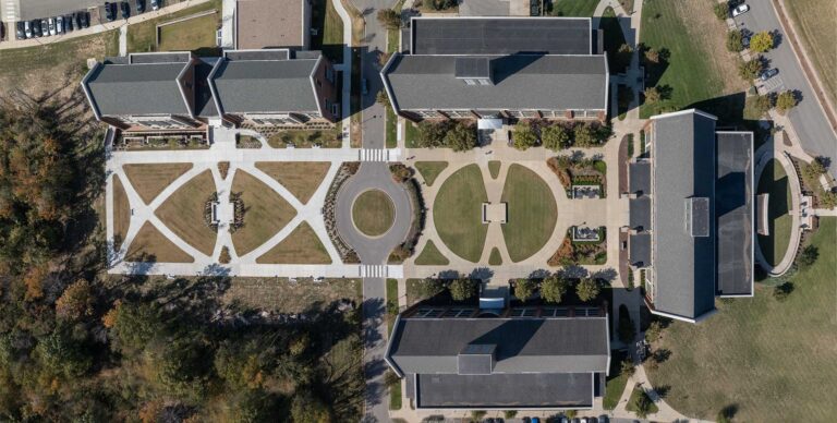 An aerial view looking straight down shows the courtyard and surrounding buildings at the Franklin campus of CSCC.