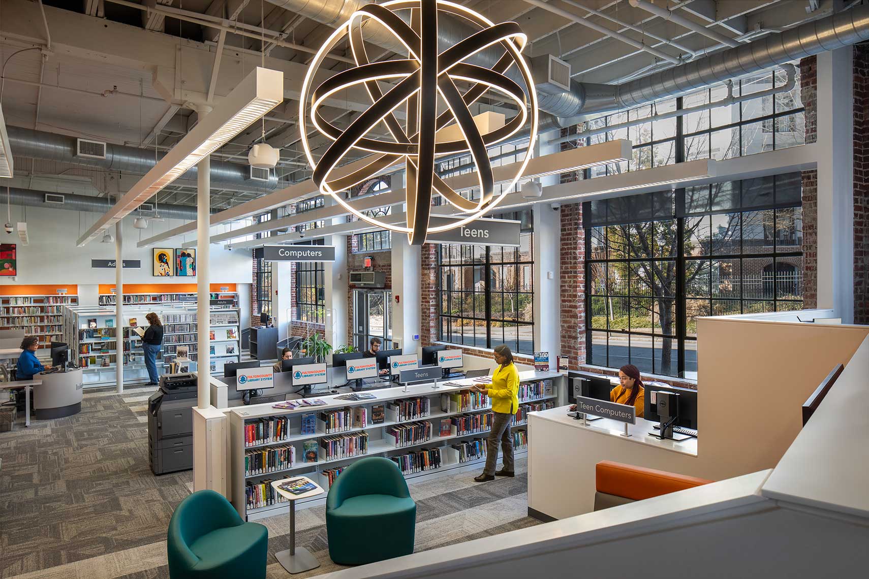 A overall view of the Martin Luther King Jr. Branch Library in downtown Atlanta, Georgia, with staff and patrons.