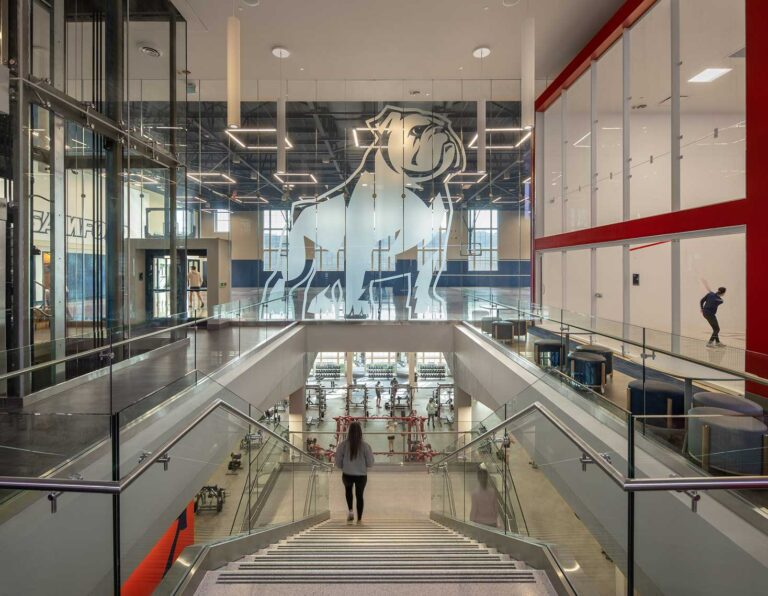 A view of how the grand stairway in Seibert Hall at Samford University spans all levels of the building and uses "borrowed light" from outside to illuminate the space.