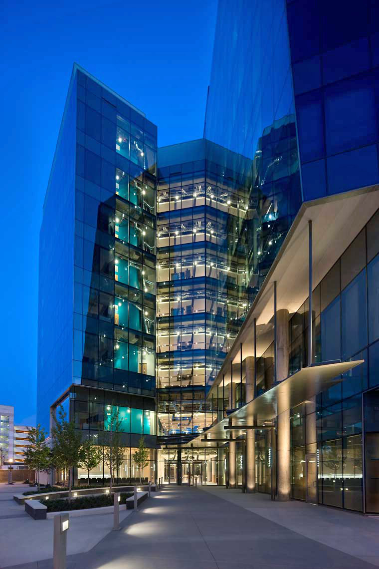 An exterior twilight view of the Parker H. Petit Science Center at Georgia State University