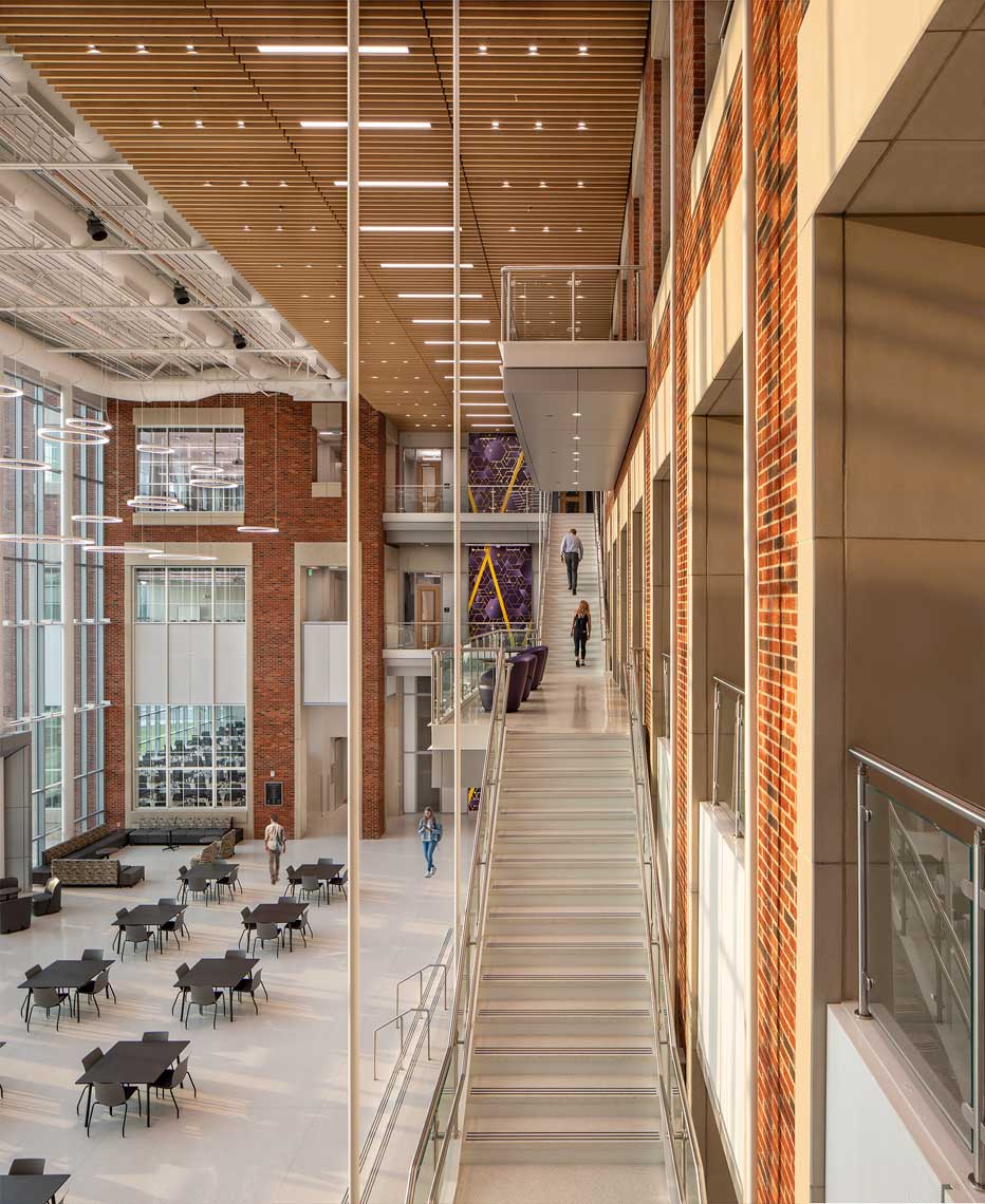 An interior view of the three-level stairway and atrium within the Tennessee Tech Ashraf Islam Engineering Building