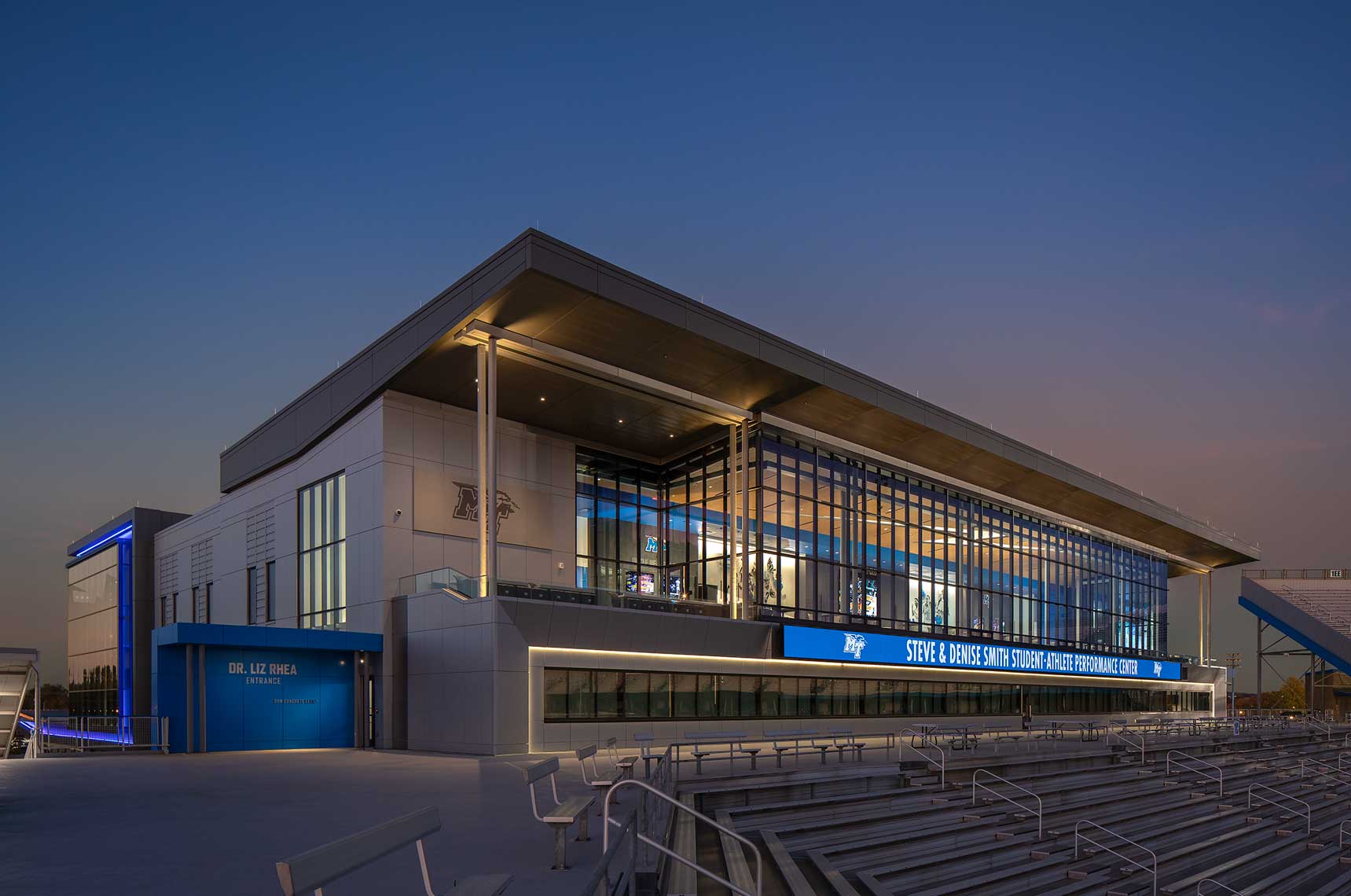 A twilight view of the Student-Athlete Performance Center at Middle Tennessee State University's football facility.