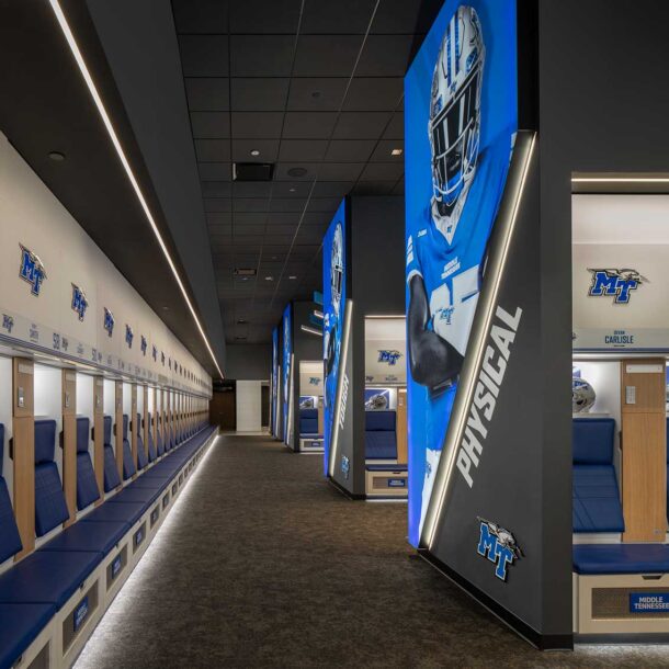 An interior view of the new football locker room in the Middle Tennessee State University Student-Athlete Performance Center