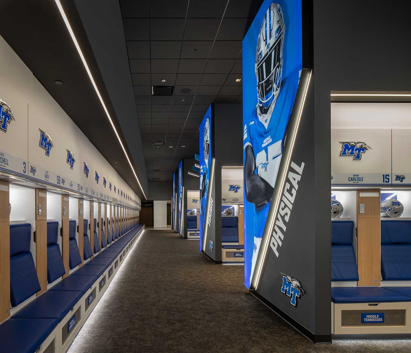 An interior view of the new football locker room in the Middle Tennessee State University Student-Athlete Performance Center