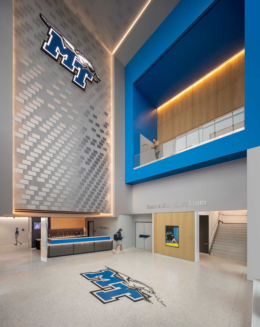 A vertical view of the Reception Lobby of the Middle Tennessee State University Student-Athlete Performance Center showing all three stories