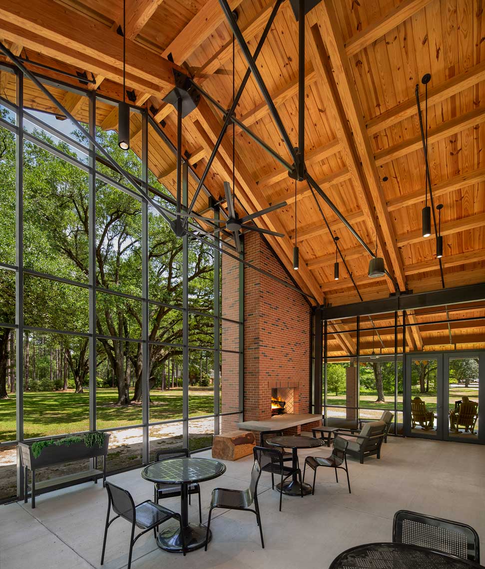 A daytime view of the interior patio at The Jones Center at Ichauway shows the relationship of the interior and exterior beauty