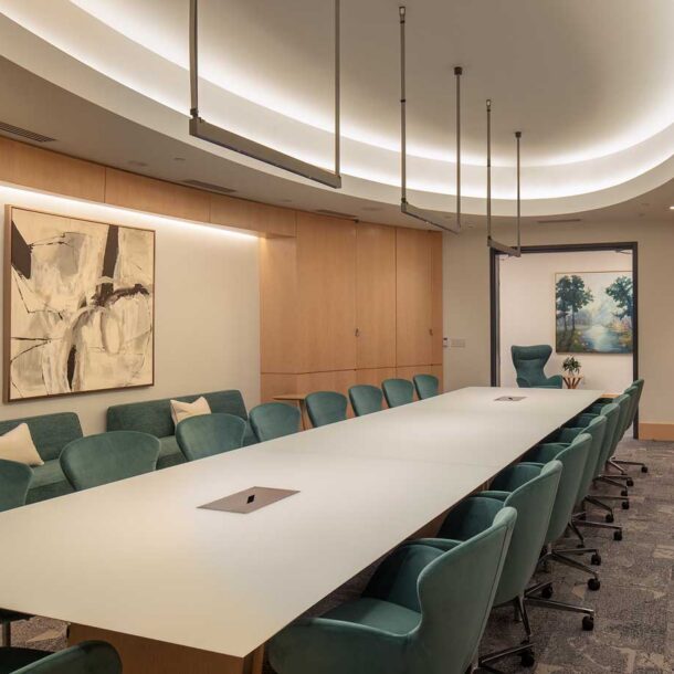 A view of the spacious conference room in the Hyundai Mobility Training Center of Georgia emphasizing the generous seating and comfortable surrounds