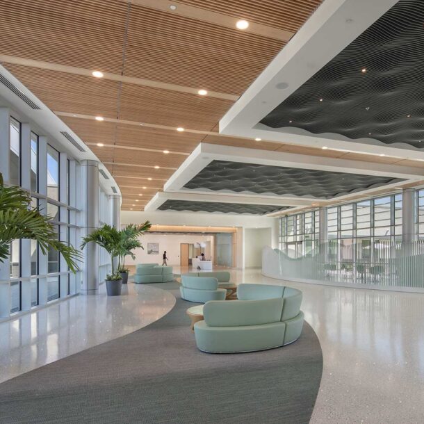 A photograph of the spacious interior lobby of the Quick Start - Hyundai Mobility Training Center of Georgia designed by SSOE Group