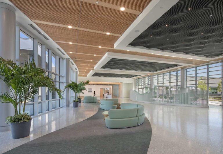 A photograph of the spacious interior lobby of the Quick Start - Hyundai Mobility Training Center of Georgia designed by SSOE Group