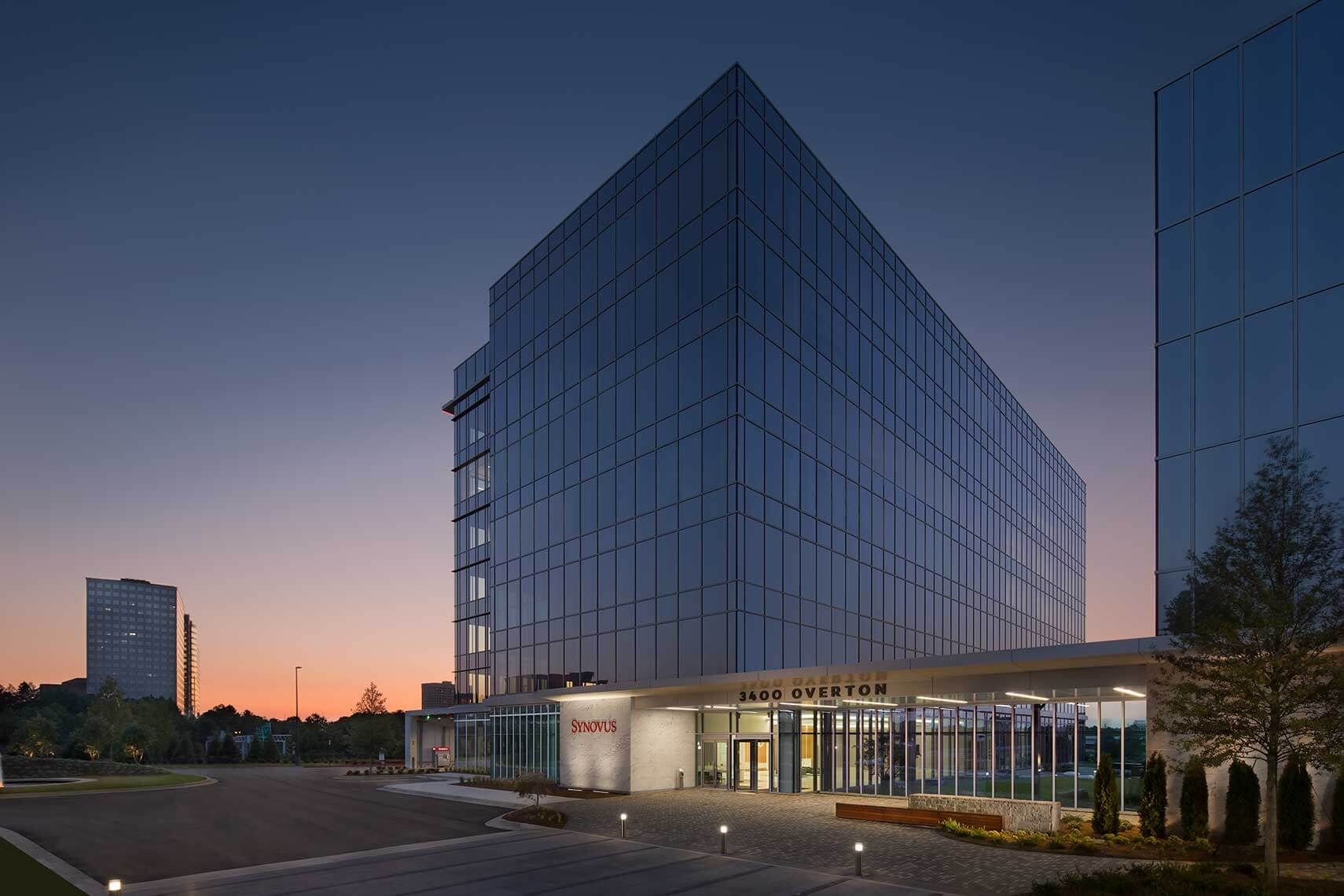 Twilight view of the architecture at Overton Office Building