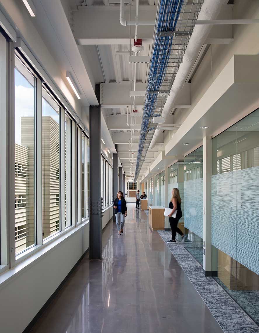 An interior daytime view of the hallway at the Dalney Office and Parking Deck at Georgia Tech