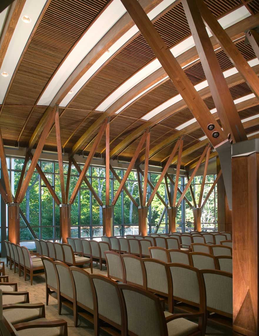 A daytime view of the interior of the sanctuary at Temple Sinai in Atlanta, Georgia