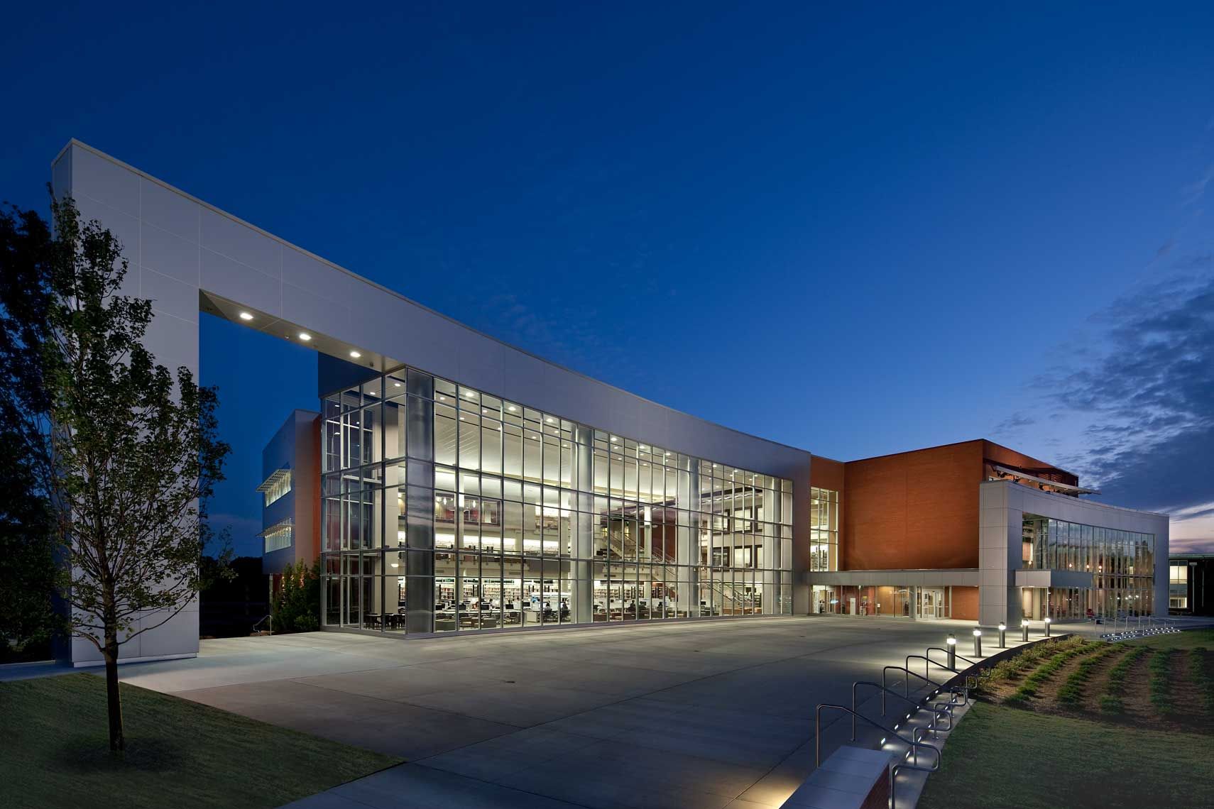 A powerful twilight view of the Georgia Gwinnett College Library in Lawrenceville, Georgia