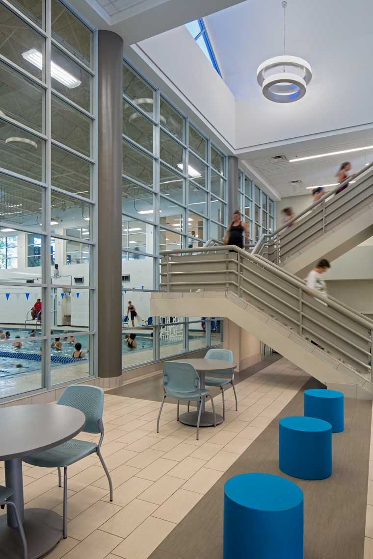 An interior daytime view of the aquatic center at the Ashford-Dunwoody YMCA