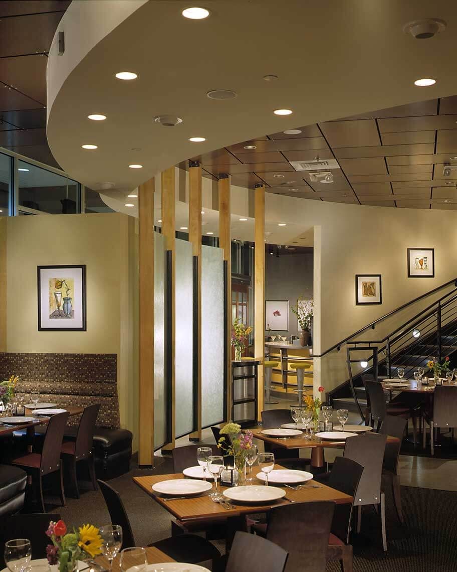 A photograph of the engaging dining room at 10th and Myrtle Restaurant in Atlanta, Georgia