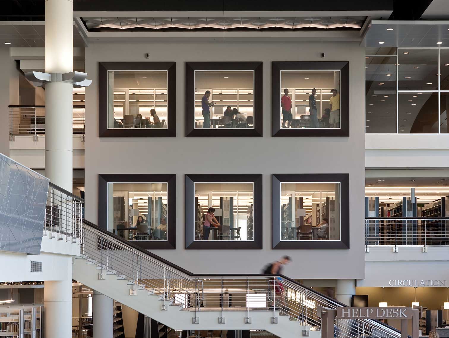 An interesting view of the Stairway and Collaboration Rooms of the Georgia Gwinnett College Library