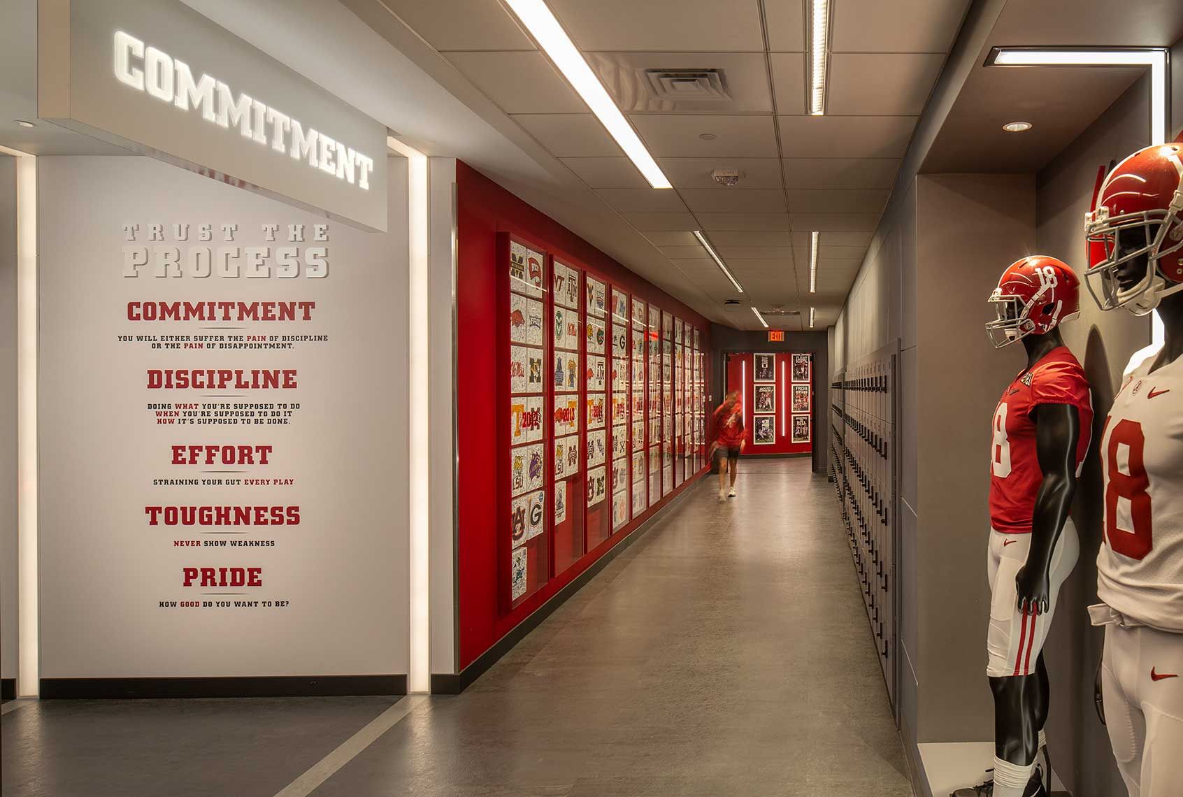 This corridor of the University of Alabama Training Facility is adorned with graphics and inspirational quotes