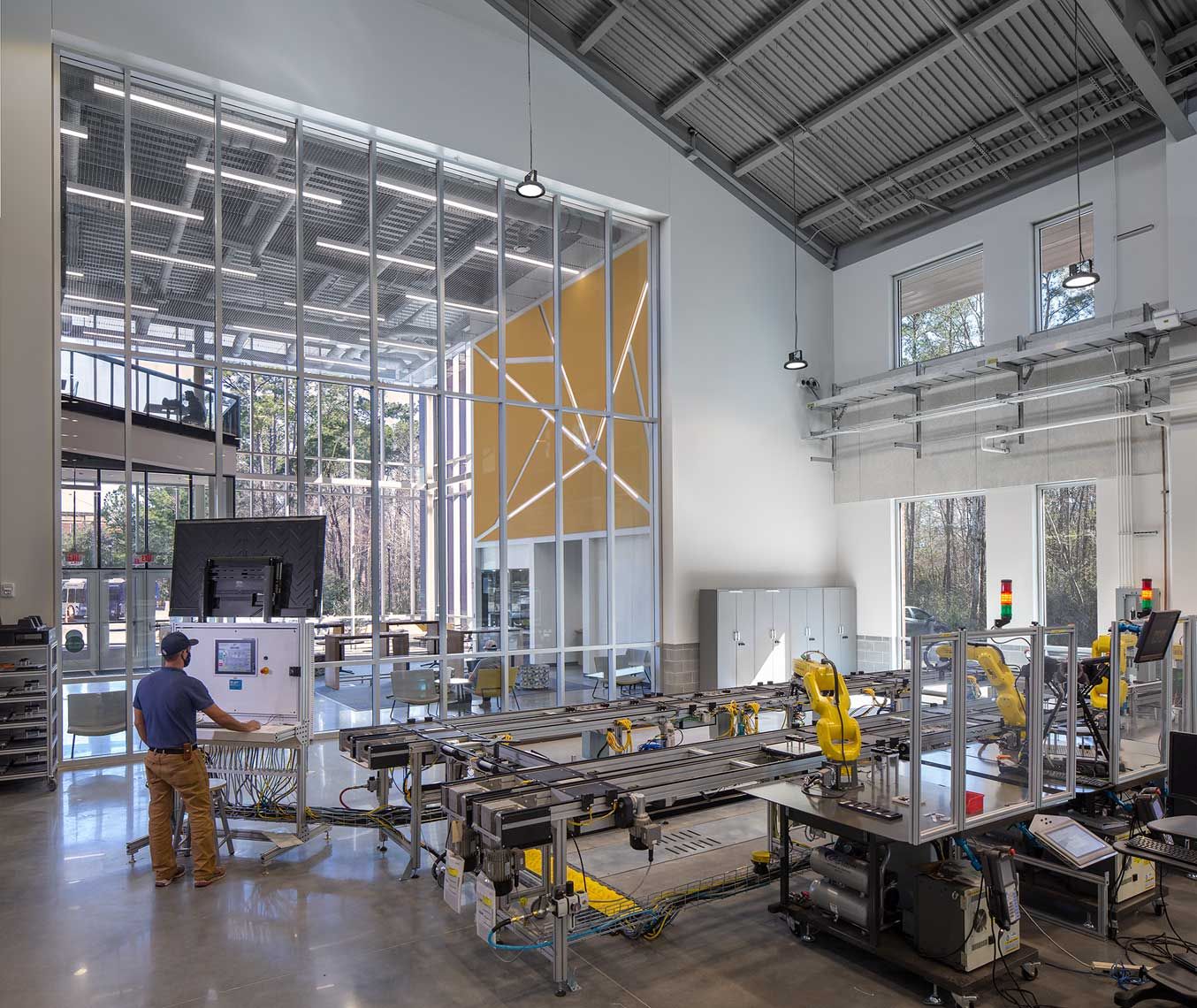A view of the sunlight pouring into the robotic manufacturing facility and lobby
