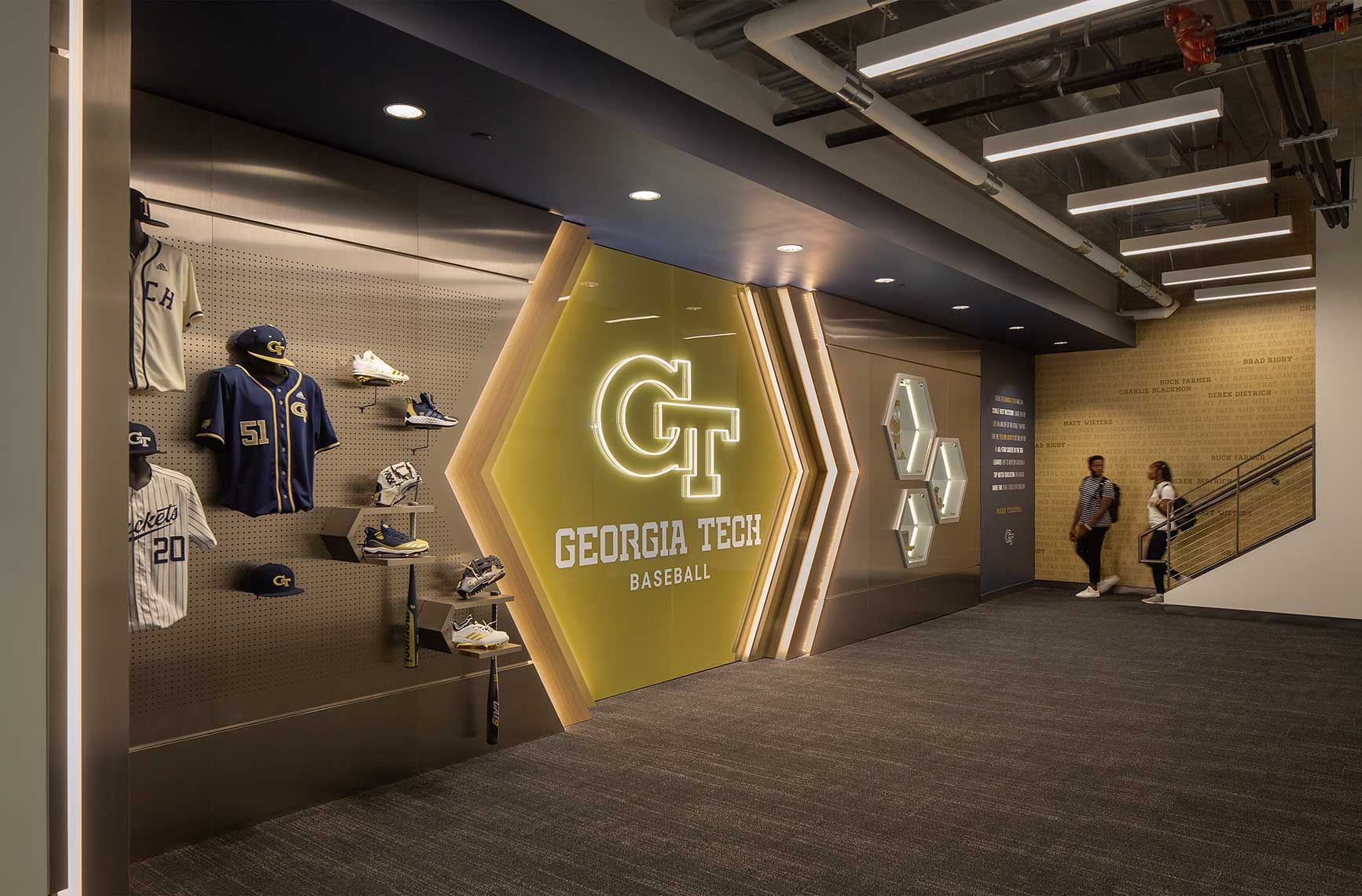A view of the lobby graphics of the GA Tech Mac Nease Baseball Park