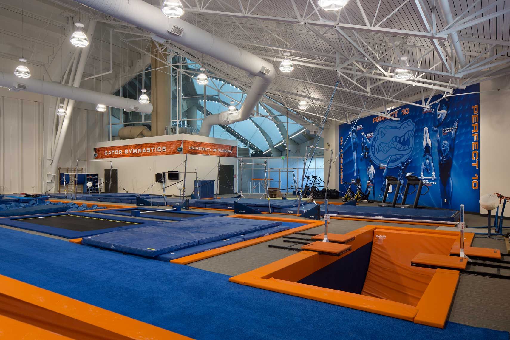 Detailed interior view of venue with equipment at the University of Florida Gymnastics Facility