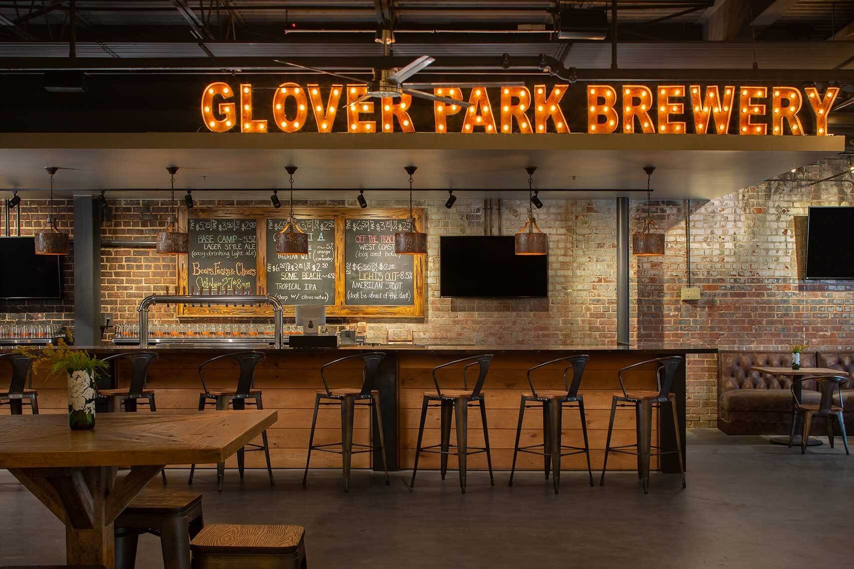 A view showing the main bar and surrounding seating at the Glover Park Brewery