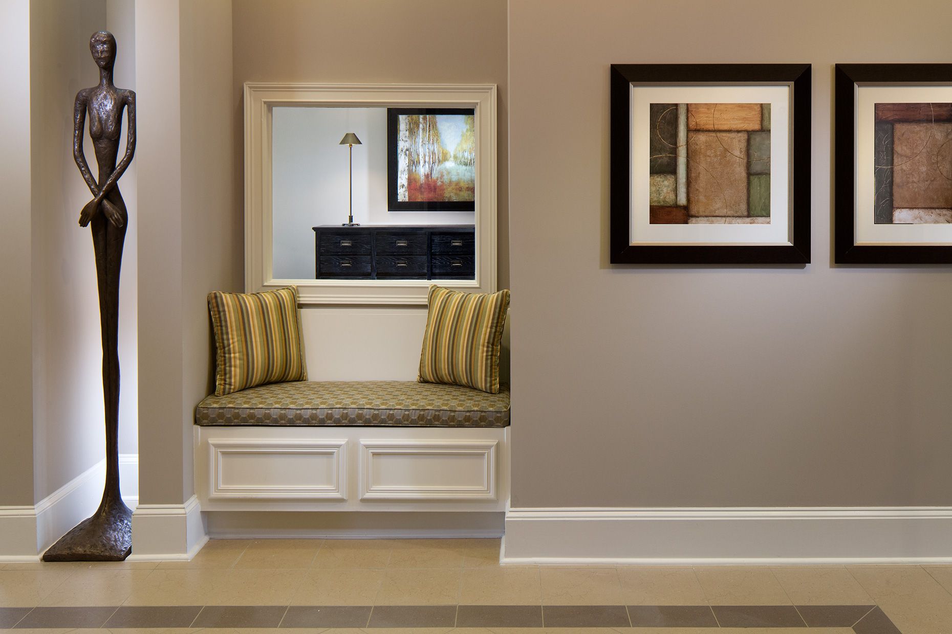 A multi-layered photo of the interior furnishings and art at The Cottages at Arbor Pointe