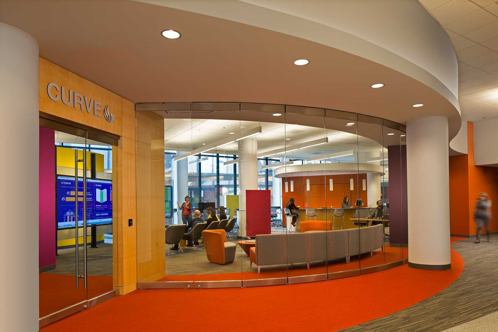 An interior view of the entry way of Curve at Georgia State University