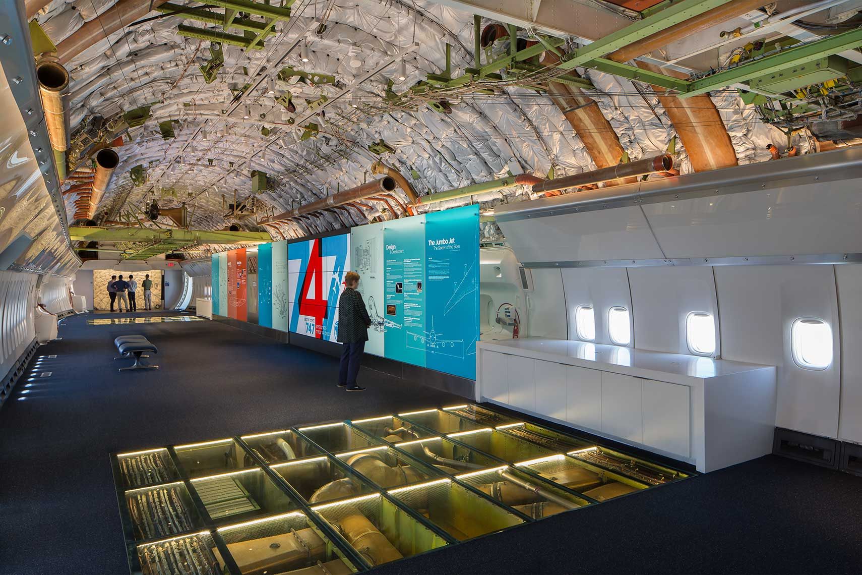 Interior view of the interactive exhibits inside a 747 airplane at the Delta Flight Museum
