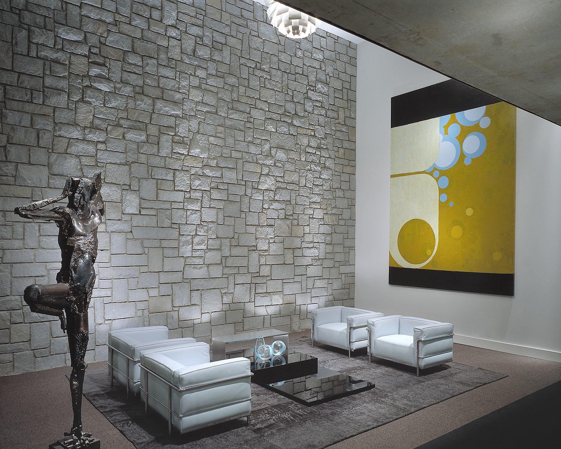 A nicely lighted contemporary apartment building lobby at Mid-City Lofts in Atlanta, Georgia