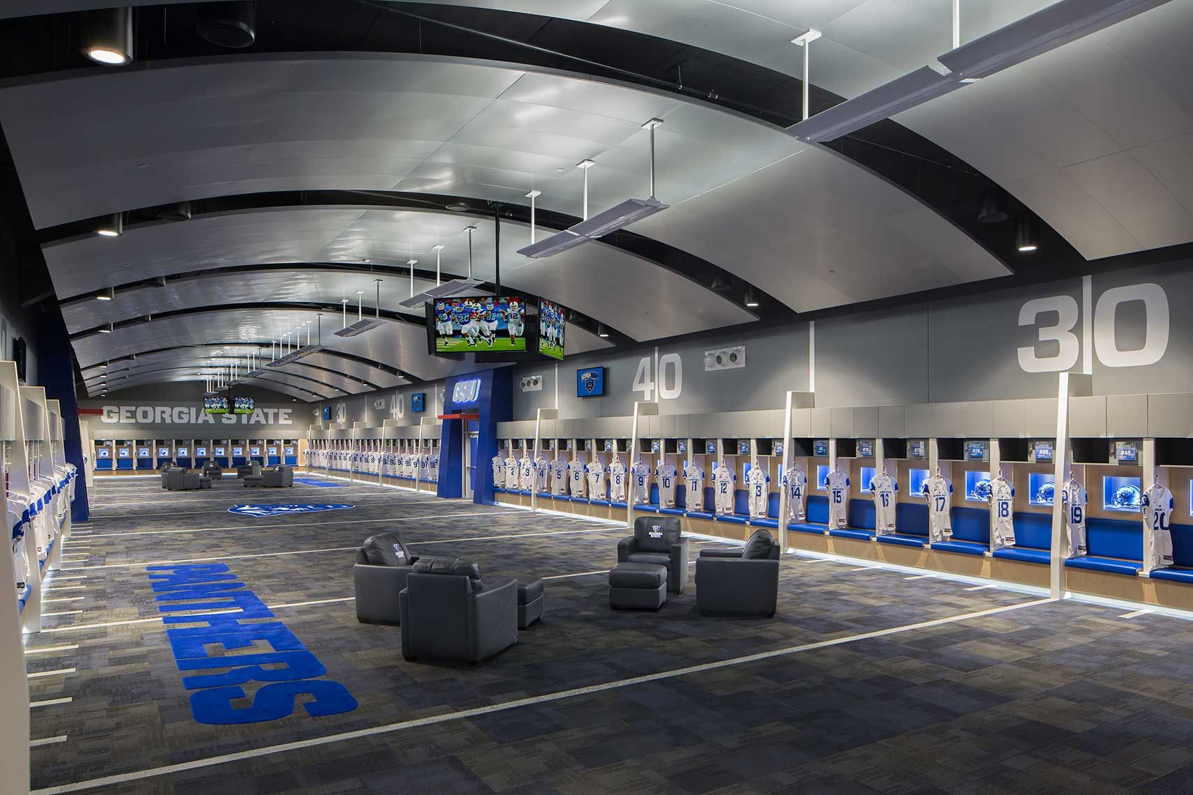 An overall interior view of the Georgia State Stadium Locker Room