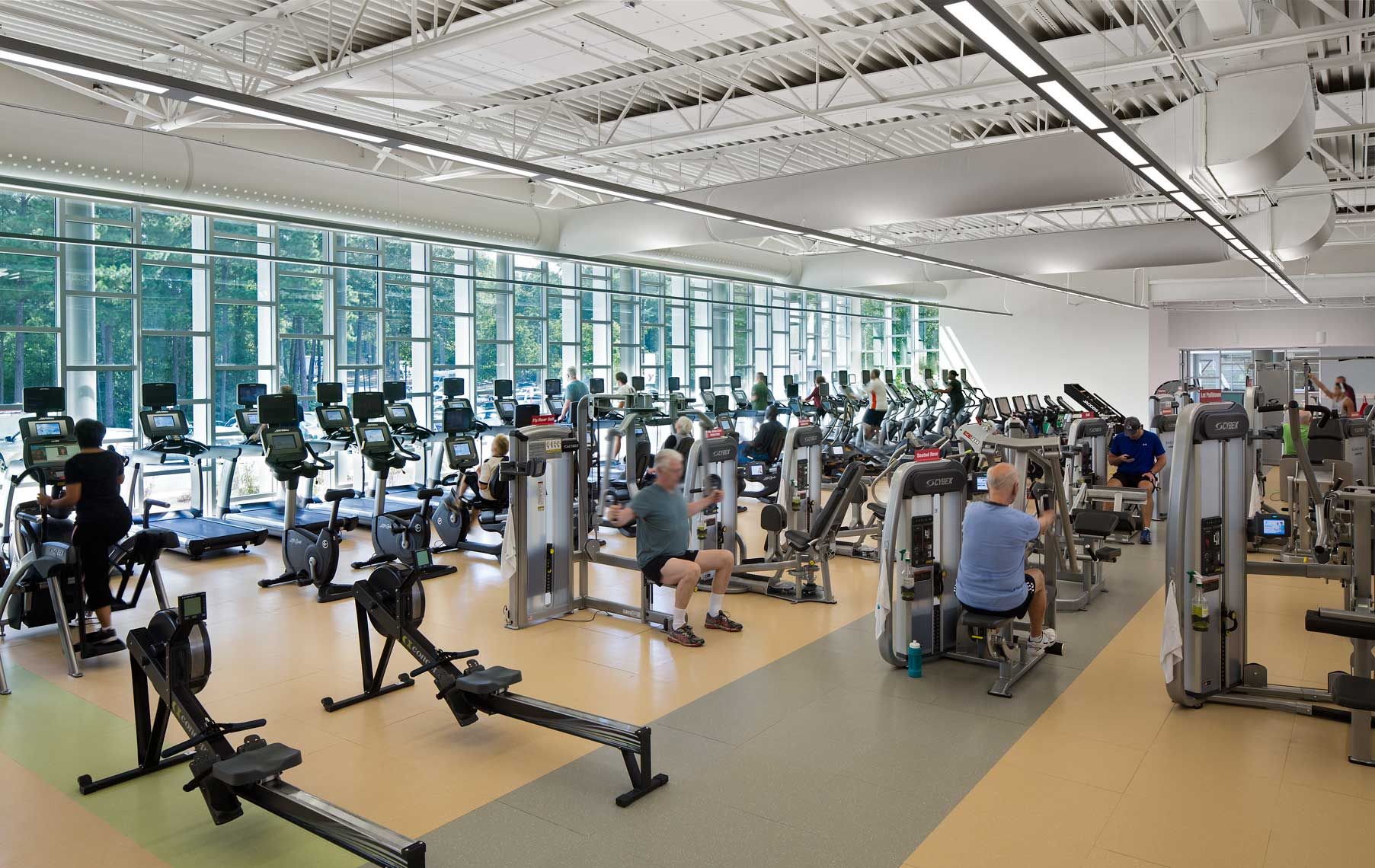 An interior daytime view of the cardio fitness center at the Ashford-Dunwoody YMCA